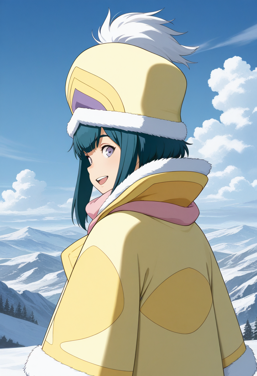 masterpiece, best quality, source_anime,official art,perfect_anatomy,1girl,solo,Ana Medaiyu,blue_hair,blunt_bangs,hat,coat,fur_trim,scarf,winter_clothes,looking_at_viewer,profile,smile,open_mouth,upper body,gloves,from_behind,day,blue_sky,cloud
