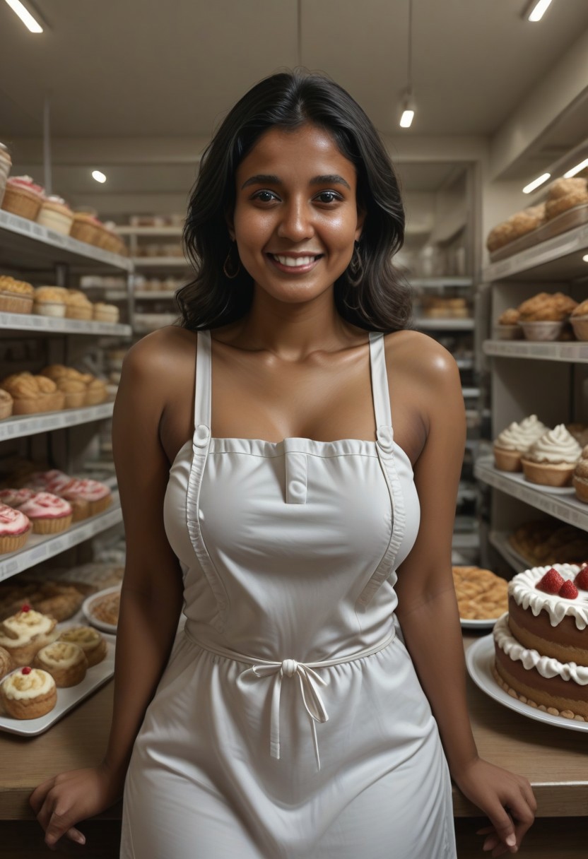A 28-year-old Indian woman, slim figure with big natural breasts and dark nipples, clad in a unbutton tight apron, playfully leans over the cake counter of her bustling shop, her infectious smile inviting customers to indulge in the sweet delights she has meticulously crafted.