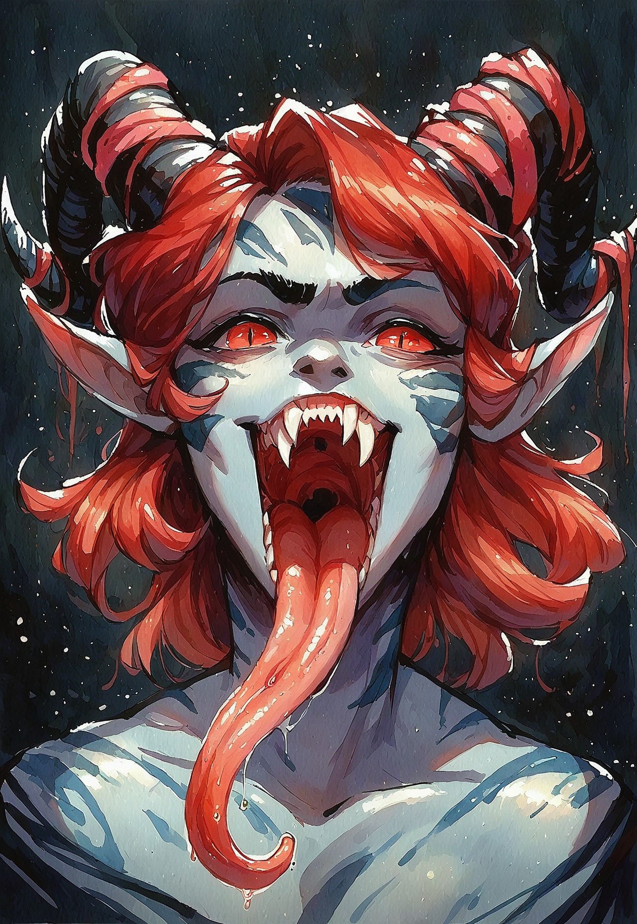 score_9, score_8_up, score_7_up, Expressiveh, 1girl, solo, watercolor \(medium\), traditional media, dragon girl, black scales, grey skin, jewelry, ornamented horns, skin markings, looking_at_viewer, red eyes, glowing, open mouth, long tongue, smirk, fangs, slit pupils, medium hair, red hair, hair bangs, horns, dark background, light_particles, fit, shiny skin, bust portrait, front view 
