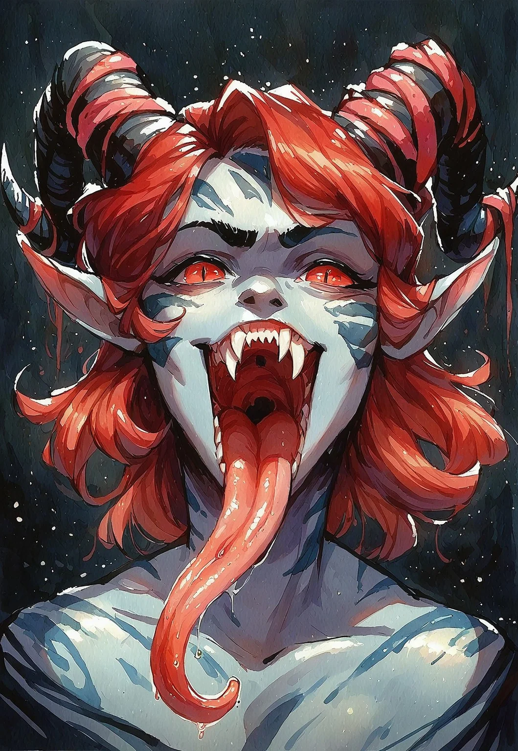 score_9, score_8_up, score_7_up, Expressiveh, 1girl, solo, watercolor \(medium\), traditional media, dragon girl, black scales, grey skin, jewelry, ornamented horns, skin markings, looking_at_viewer, red eyes, glowing, open mouth, long tongue, smirk, fangs, slit pupils, medium hair, red hair, hair bangs, horns, dark background, light_particles, fit, shiny skin, bust portrait, front view 