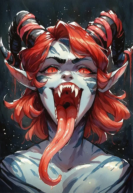 score_9, score_8_up, score_7_up, Expressiveh, 1girl, solo, watercolor \(medium\), traditional media, dragon girl, black scales, grey skin, jewelry, ornamented horns, skin markings, looking_at_viewer, red eyes, glowing, open mouth, long tongue, smirk, fangs, slit pupils, medium hair, red hair, hair bangs, horns, dark background, light_particles, fit, shiny skin, bust portrait, front view 