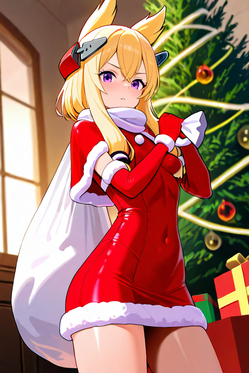 masterpiece, High quality, Ultra detailed, 2d, newest, absurdres, highres, BREAK
1girl, solo, <lora:warspite:0.8>, warspite_(azur_lane), blonde hair, short hair, hair ornament, headgear, hair ears, sidelocks, hair between eyes, purple eyes, scarf, white scarf,
small breasts, warspiteNd, santa costume, santa hat, christmas, sack, merry christmas, gift, fur-trimmed headwear, holding sack, santa dress, fur-trimmed dress, christmas tree, christmas tree, fur trim, red capelet, gift box, red gloves, fur-trimmed capelet, santa gloves, red hat, hat,