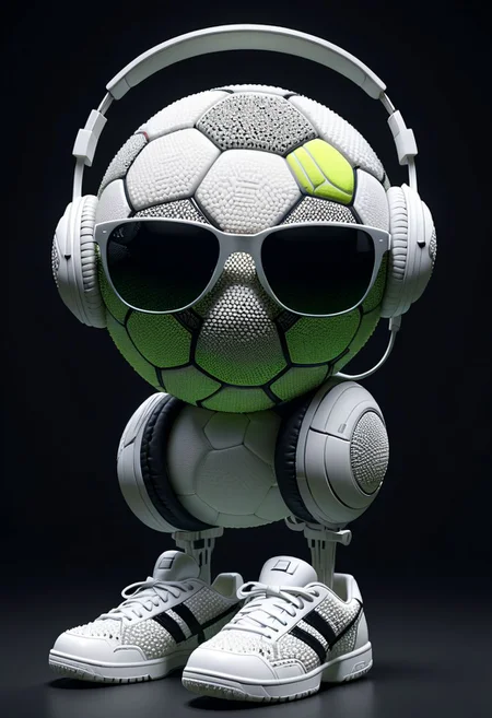 masterpiece,ASCII,8k.absurdes,intricate,maximum resolution, hyper detailed,
a humanized soccer ball with tennis shoes, sunglasses, headphones, very cute,