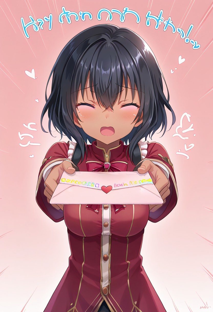 score_9, 4l1ce, dark skin, black hair, pink eyes, <lora:love-letter-ponyxl-lora-nochekaiser:1>, love letter, heart, valentine, letter, confession, incoming gift, outstretched arms, closed eyes, shouting, source_anime, ntm,