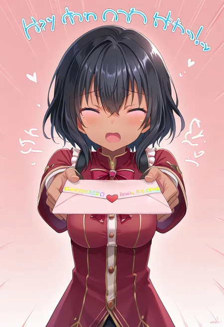 score_9, 4l1ce, dark skin, black hair, pink eyes, <lora:love-letter-ponyxl-lora-nochekaiser:1>, love letter, heart, valentine, letter, confession, incoming gift, outstretched arms, closed eyes, shouting, source_anime, ntm,