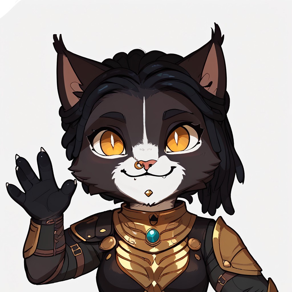 em0te art style, score_9, score_8_up, score_7_up, score_6_up, best quality,
anthro, 1girl, 3mb3r, high quality, white background, waving hand, happy, high res , highly detailed face, white background, chibi, black armor, feline, black and white fur, yellow eyes, black hair, nose ring, chin piercing, extremely detailed