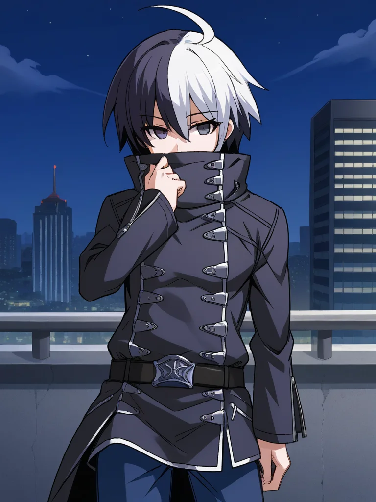 1boy, solo, sethuni, two-tone hair, multicolored hair, black hair, white hair, ahoge, black eyes, black coat, high collar, covered mouth, black belt, blue pants, standing, outdoors, city, night, plaza, cowboy shot, expressionless