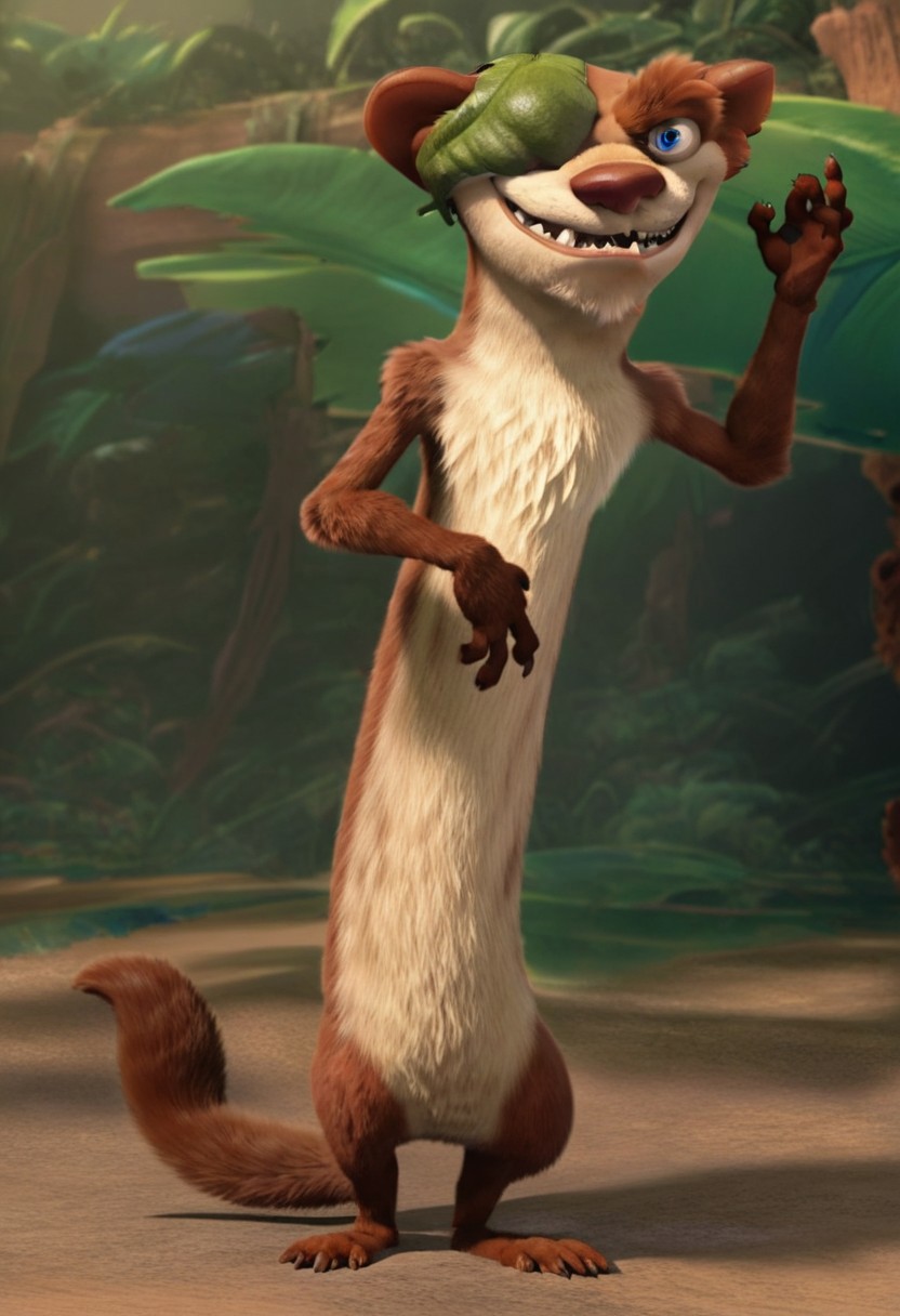 male, solo, buck, buck wild, buck_(ice_age), Buckminster, weasel, brown skin, white yellow counter shading, leaf eye patch on right eye, leaf eye patch, blue eye, weasel tail, underbite, fang, eyebrow, 
masterpiece, extremely detailed, 
jungle background, on branch, leaf, plant, standing, tree, tropical rainforest, 
furry male, finger claws, toe claws, 
sfw, dramatic pose, grin, looking at viewer