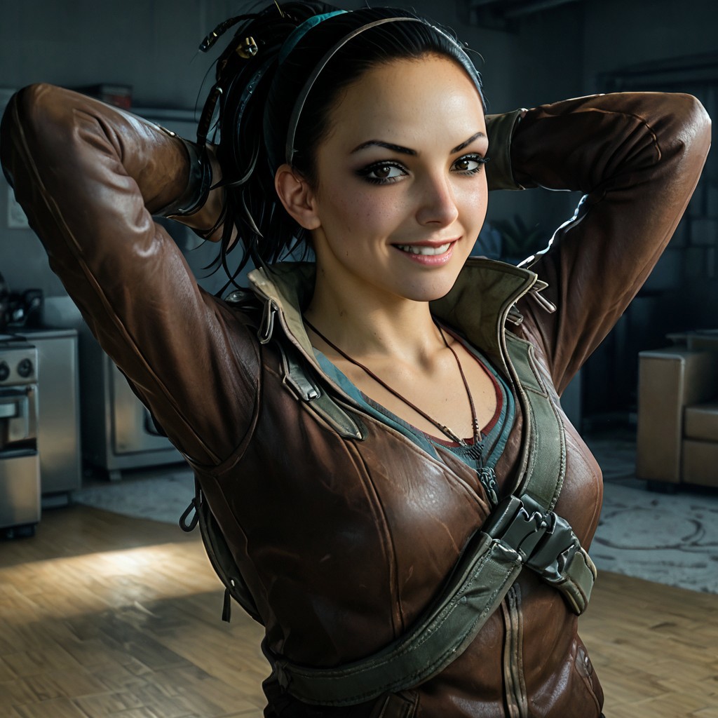 masterpiece, best quality, jade_dl, black hair, ponytail, jacket, arms behind head, smirk, looking at viewer, upper body focus