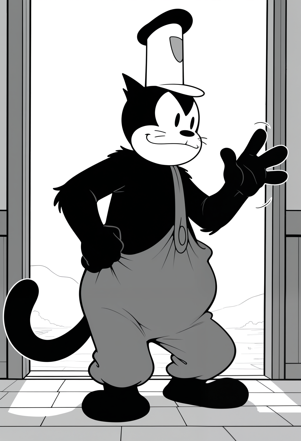masterpiece,best quality,amazing quality,1boy, solo, p3t3, monochrome, furry male,  whiskers, tail, captain hat, overalls, waving,