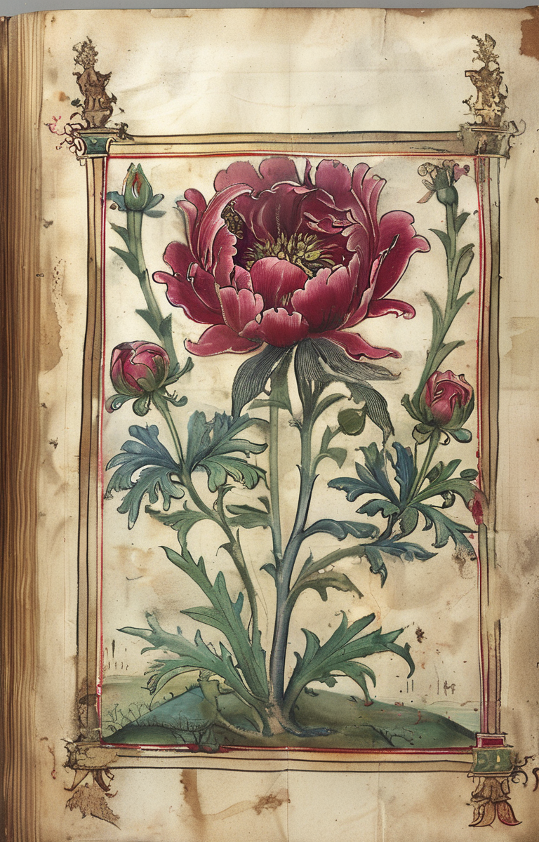 masterpiece,best quality,<lora:tbh207-sdxl:0.9>,illustration,style of Aberdeen Bestiary decaying peonies