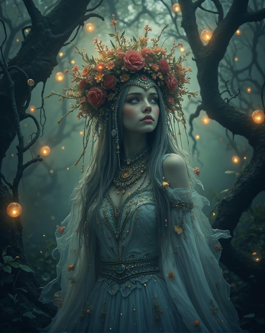 <lora:Green_cuties-000004.safetensors:1> A grainy, poorly lit image captures
A mysterious, ethereal woman is depicted in a digital artwork. She wears an elaborate floral crown and antique jewelry, adorned with intricate filigree and gemstones. Her flowing, moonbeam-like gown shimmers with scales and refracted light. The setting is a mystical glade surrounded by ancient, twisted trees, with glowing orbs suspended in the air. The overall effect is one of enchanting mystery.