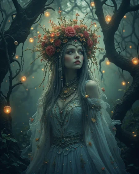 <lora:Green_cuties-000004.safetensors:1> A grainy, poorly lit image captures
A mysterious, ethereal woman is depicted in a digital artwork. She wears an elaborate floral crown and antique jewelry, adorned with intricate filigree and gemstones. Her flowing, moonbeam-like gown shimmers with scales and refracted light. The setting is a mystical glade surrounded by ancient, twisted trees, with glowing orbs suspended in the air. The overall effect is one of enchanting mystery.