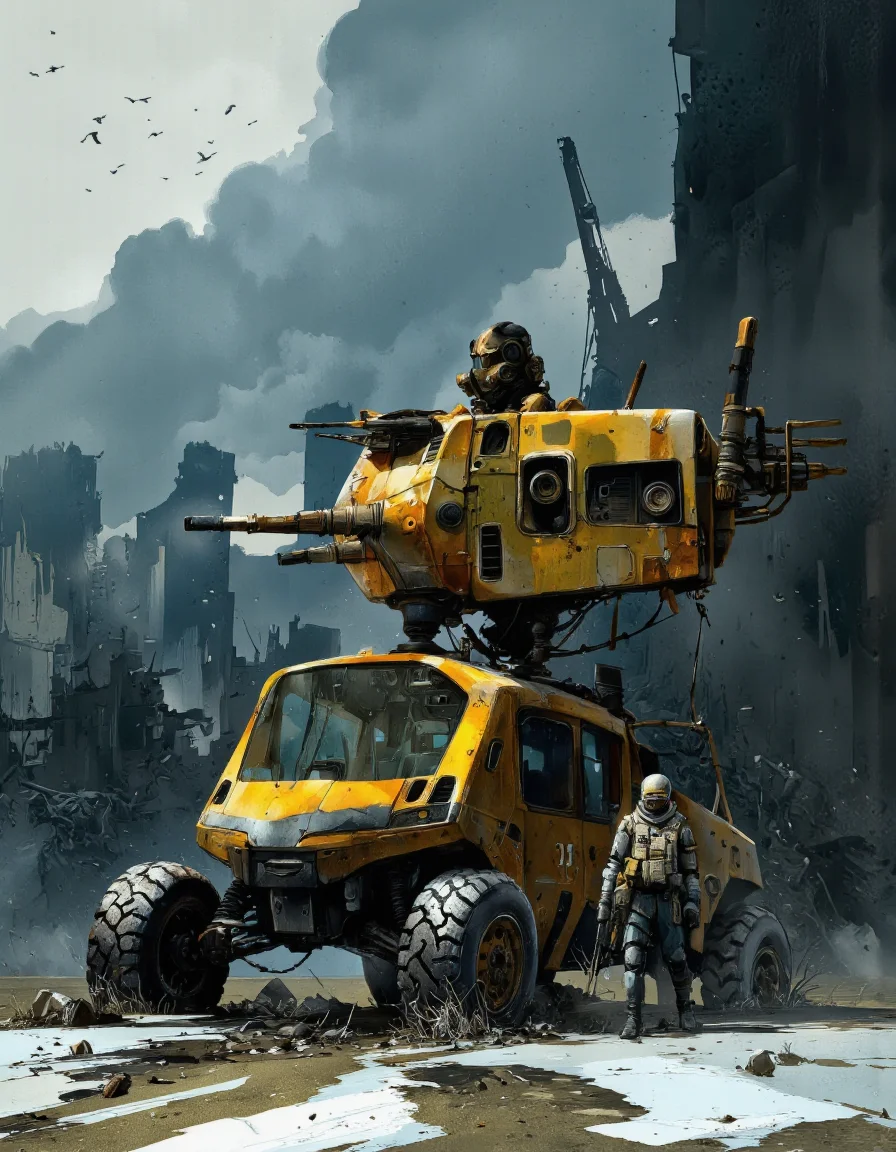 A digital illustration shoot from a front camera angle about a futuristic armored vehicle in a post-apocalyptic landscape. the image also shows a soldier in full combat gear, wearing a helmet and holding a rifle, walking towards the armored vehicle. on the middle of the image, a large, yellow, armored vehicle with a large gun mounted on the top, appears to be in a dynamic pose. the vehicle is in the foreground, with a soldier on the ground in front of it. the background features a cloudy sky with a few birds flying, and the ground is littered with rubble and debris. the scene is set in a desolate, industrial environment, with dark, smoky clouds and ruins in the distance. the overall color palette is muted with shades of blue, gray, and brown, giving the image a sci-fi feel.