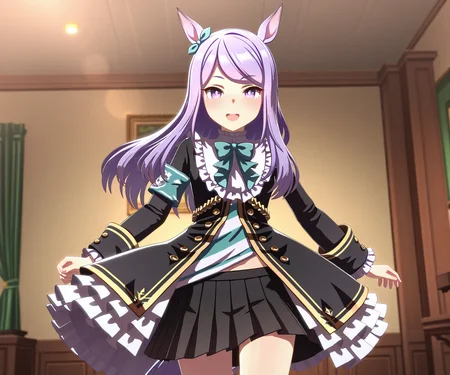masterpiece, best quality, amazing quality, , 1girl, solo, looking at viewer, cowboy shot, smile, open mouth, <lora:Mejiro Mcqueen in game style 3D ILL-v2:1> ummsmingame, 3d, mejiro mcqueen (umamusume)