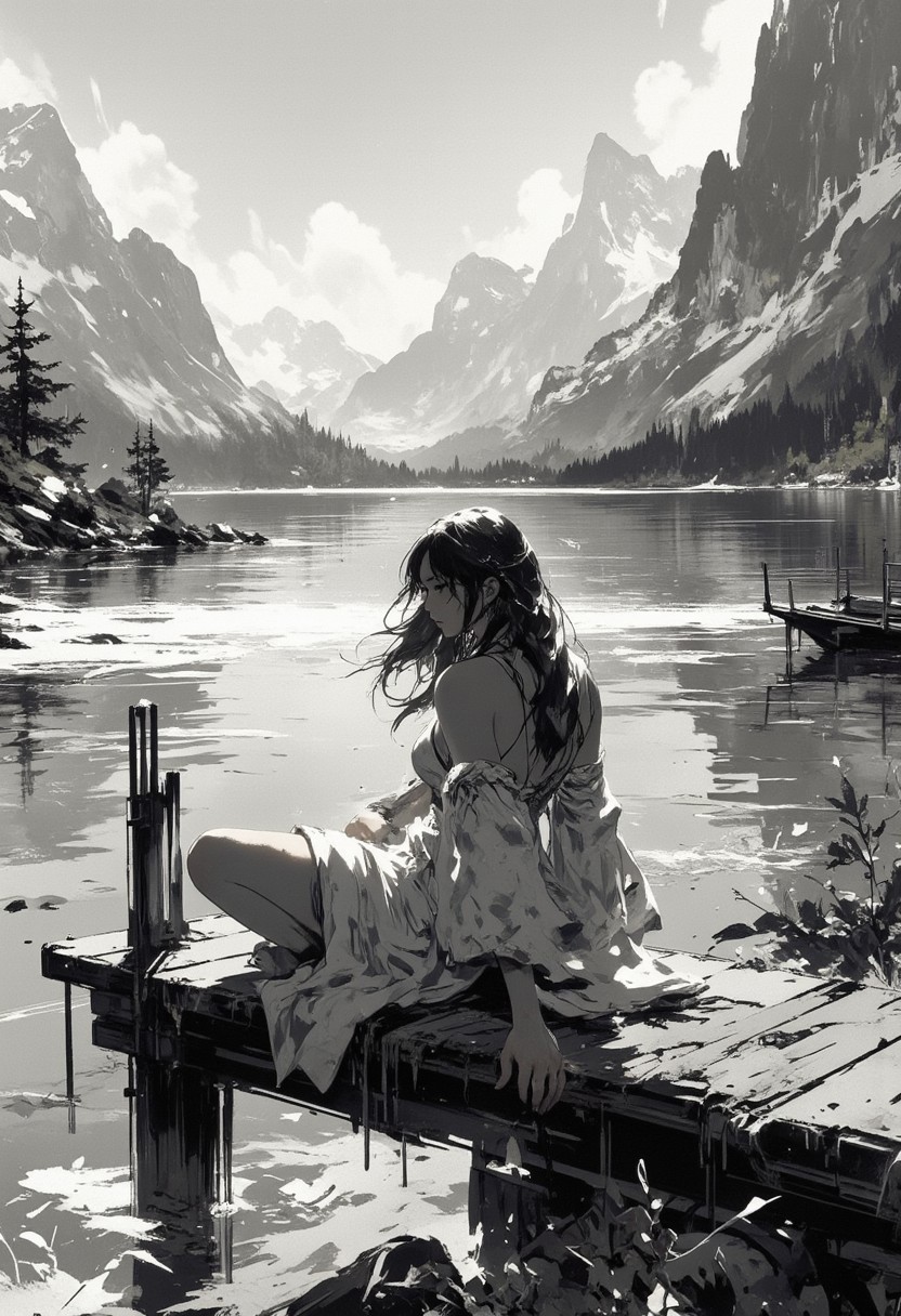 Mh1$AgThS2, intricate linework with expressive contrasts, soft lighting with dynamic highlights, neo-noir portrait, silver halide, young Asian woman in a summer dress, long loose hair, sitting at the end of a jetty on tranquil mountain lake, with mountains in the background, In the style of ff-td
