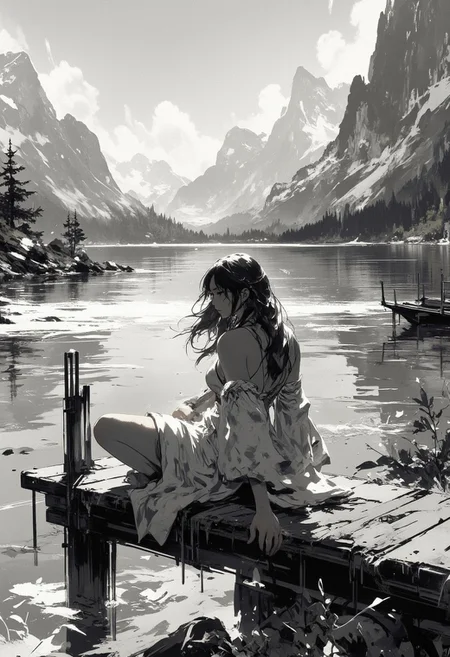 Mh1$AgThS2, intricate linework with expressive contrasts, soft lighting with dynamic highlights, neo-noir portrait, silver halide, young Asian woman in a summer dress, long loose hair, sitting at the end of a jetty on tranquil mountain lake, with mountains in the background, In the style of ff-td