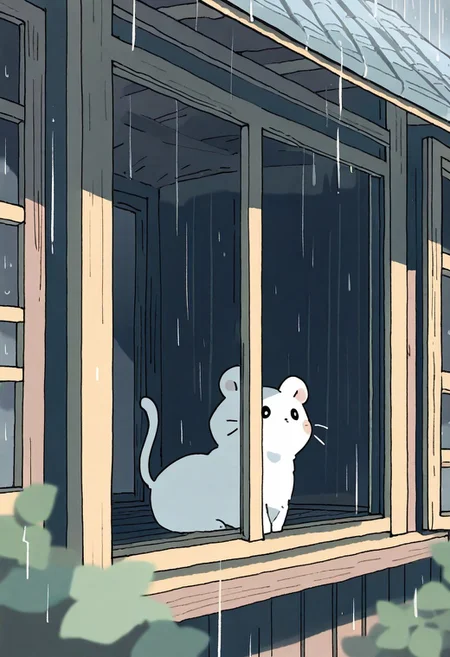 "(masterpiece, best quality, high quality, highres), very awa, highres, absurdres,
(naguru \(cyoroama\), (chii-kun \(seedyoulater\):0.7), 
(ermine:1.1),
(no humans:1.1), (cute:1.2), comfy, solo, cozy,
outdoors, 2 store house, looking in a window, curious, oo, rain, "