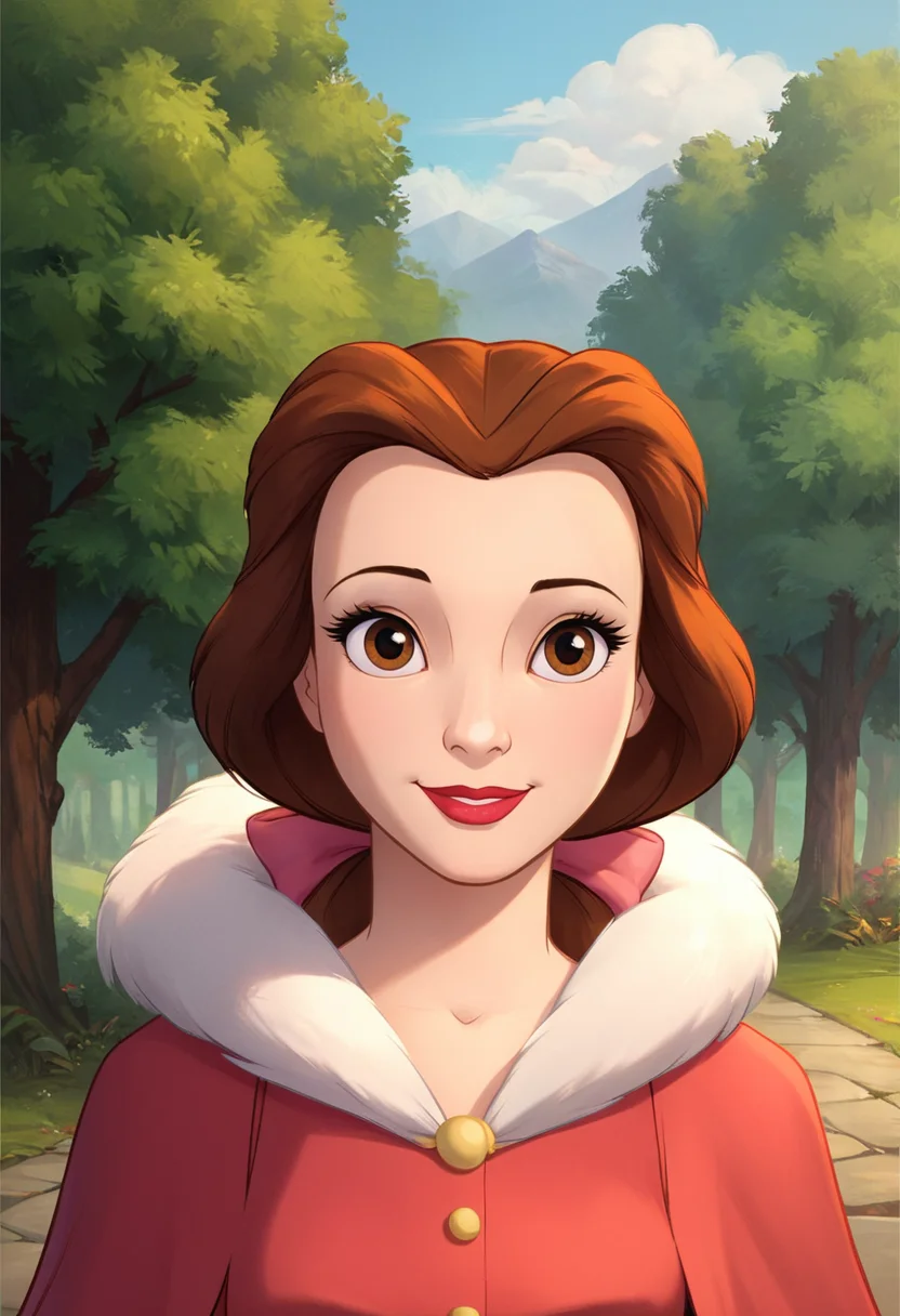 PonyXLV6_Scores ,source_anime, masterpiece,best quality, highly detailed,<lora:xl_more_art-full_v1:0.8>,cinematic,
BREAK
<lora:belle:0.8>belle,1girl, solo, brown hair, brown eyes, tree, upper body, fur trim, smile, bow, lipstick, dress, parody