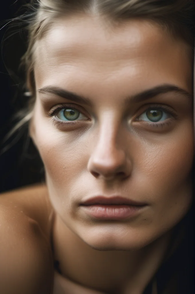 analog style, portrait photo of a beautiful swedish model , who looks at you in a Demandingly way with two beautiful green eyes She is naked and the image was taken in close-up, imperfect face,