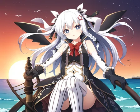 <lora:Sonya_-_Sankai_Ou_no_Yubiwa_-_ã¨ã¦ã·ã¥ãªã¼_çæµ·çã®åç°_-_Eushully:1>,sonya,long hair,blue eyes,star-shaped pupils,gloves,braid,white hair,thighhighs,star (symbol),black gloves,ribbon,wings,star hair ornament,striped,simple background,ship,ocean,sunset,, score_9, score_8_up, score_7_up,source_anime,(masterpiece),(best quality),(ultra-detailed),(best illustration),(best shadow),(absurdres),(detailed background),(very aesthetic),source_anime