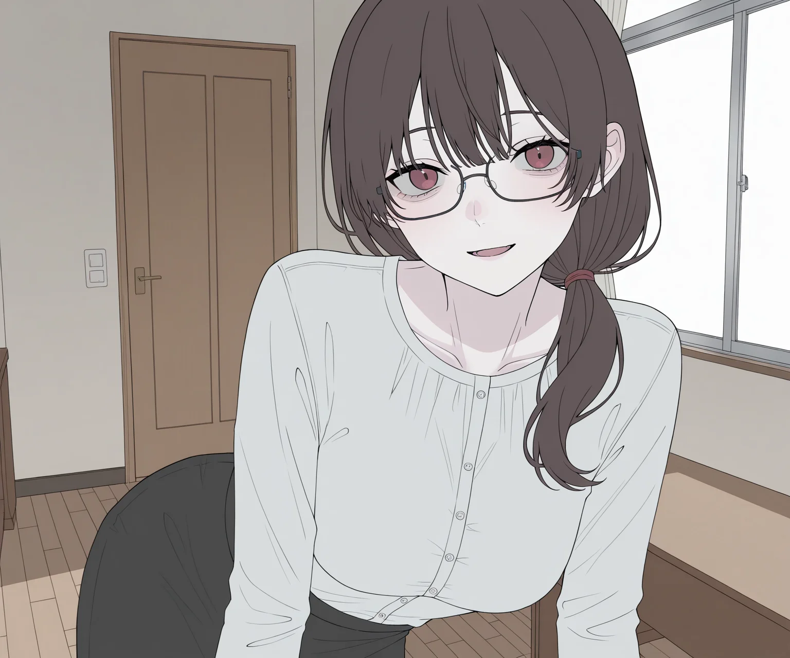 masterpiece, best quality, amazing quality, , 1girl, solo, glasses, , looking at viewer, shirt, skirt, long hair, light smile, open mouth, mature female,  <lora:Happiiakujikijp ILL-v2:1> happiiakujikijp, detailed background