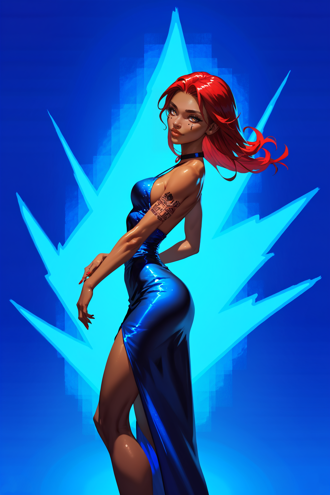 evulchibiart style, score_9, score_8_up, 1girl, solo, long hair, dynamic pose, from the side, leaning, dark skin, evening gown, cowboy shot, hourglass figure, narrow waist, simple background, silver tattoos, red hair, long hair, looking at viewer, vibrant lighting, high contrast, medium breasts, (dramatic shadows:1.1), highly detailed, detailed skin <lora:Artstyle-PDXL-EvulChibi-v1-NoTE:1.0>