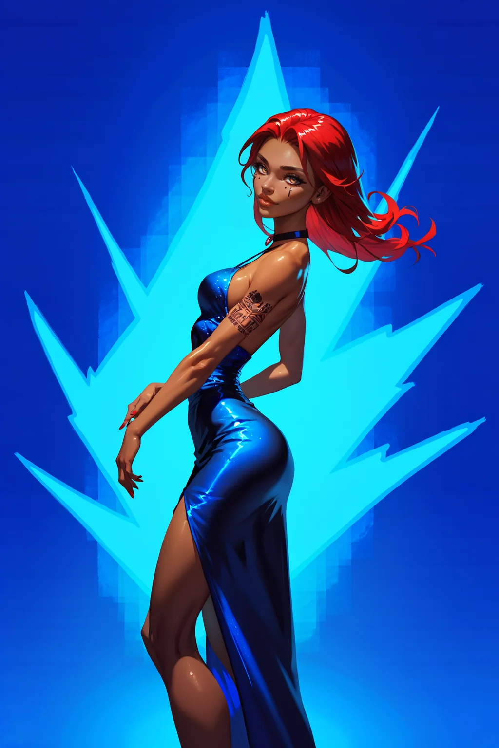 evulchibiart style, score_9, score_8_up, 1girl, solo, long hair, dynamic pose, from the side, leaning, dark skin, evening gown, cowboy shot, hourglass figure, narrow waist, simple background, silver tattoos, red hair, long hair, looking at viewer, vibrant lighting, high contrast, medium breasts, (dramatic shadows:1.1), highly detailed, detailed skin <lora:Artstyle-PDXL-EvulChibi-v1-NoTE:1.0>