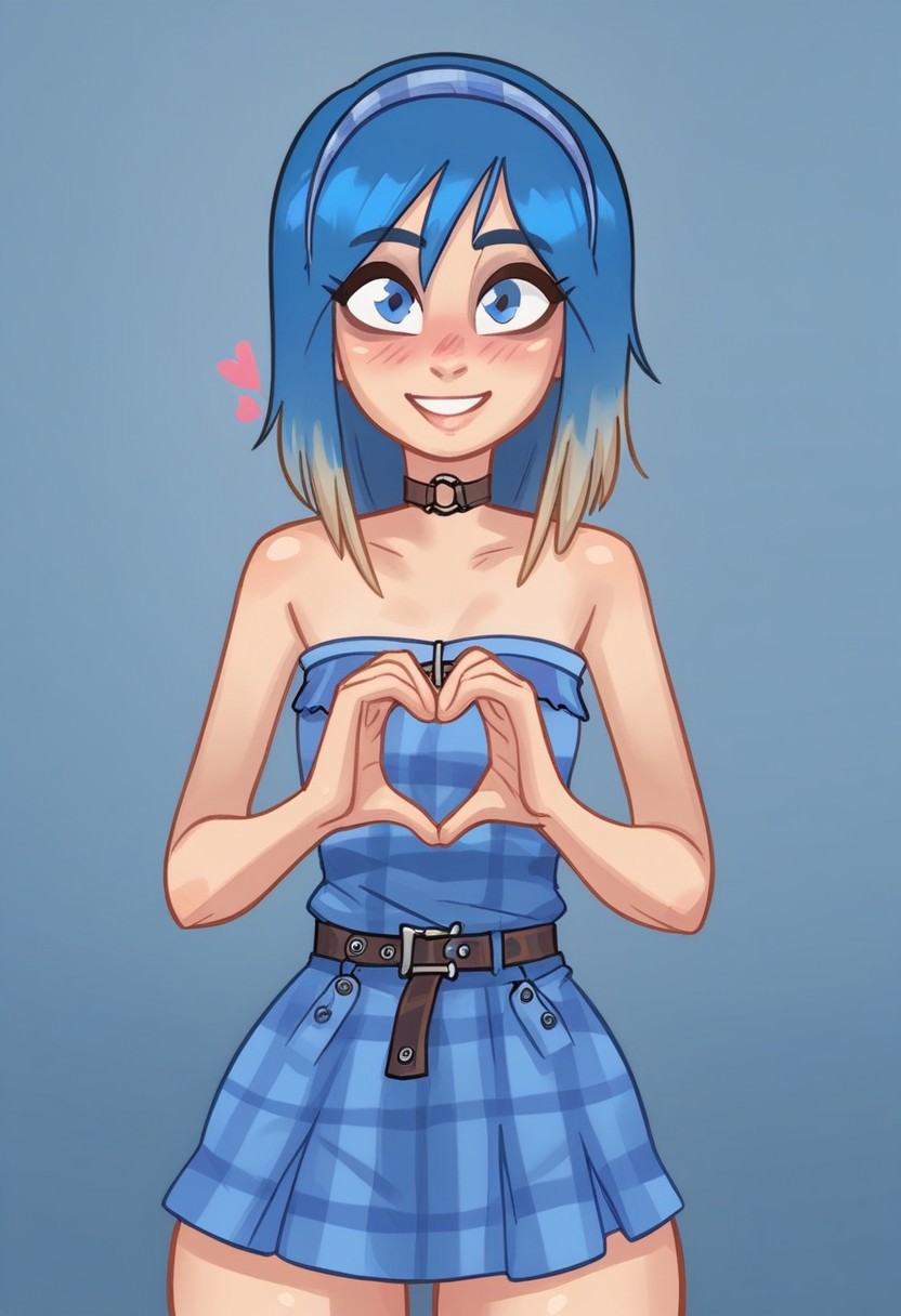 score_9, score_8_up, score_7_up, source_cartoon, rating_explicit, Expressiveh Rapscallionstyle, high detail, perfect face, perfect eyes, very close-up, solo, blush, head tilted, 1 girl, stseve, blue eyes, (blue dyed hair), o-ring choker, hairband, collar, short dress, strapless dress, bare shoulders, plaid, sunny, (standing), looking at viewer, smile, blush, sfw, heart hands,
