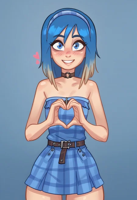 score_9, score_8_up, score_7_up, source_cartoon, rating_explicit, Expressiveh Rapscallionstyle, high detail, perfect face, perfect eyes, very close-up, solo, blush, head tilted, 1 girl, stseve, blue eyes, (blue dyed hair), o-ring choker, hairband, collar, short dress, strapless dress, bare shoulders, plaid, sunny, (standing), looking at viewer, smile, blush, sfw, heart hands,