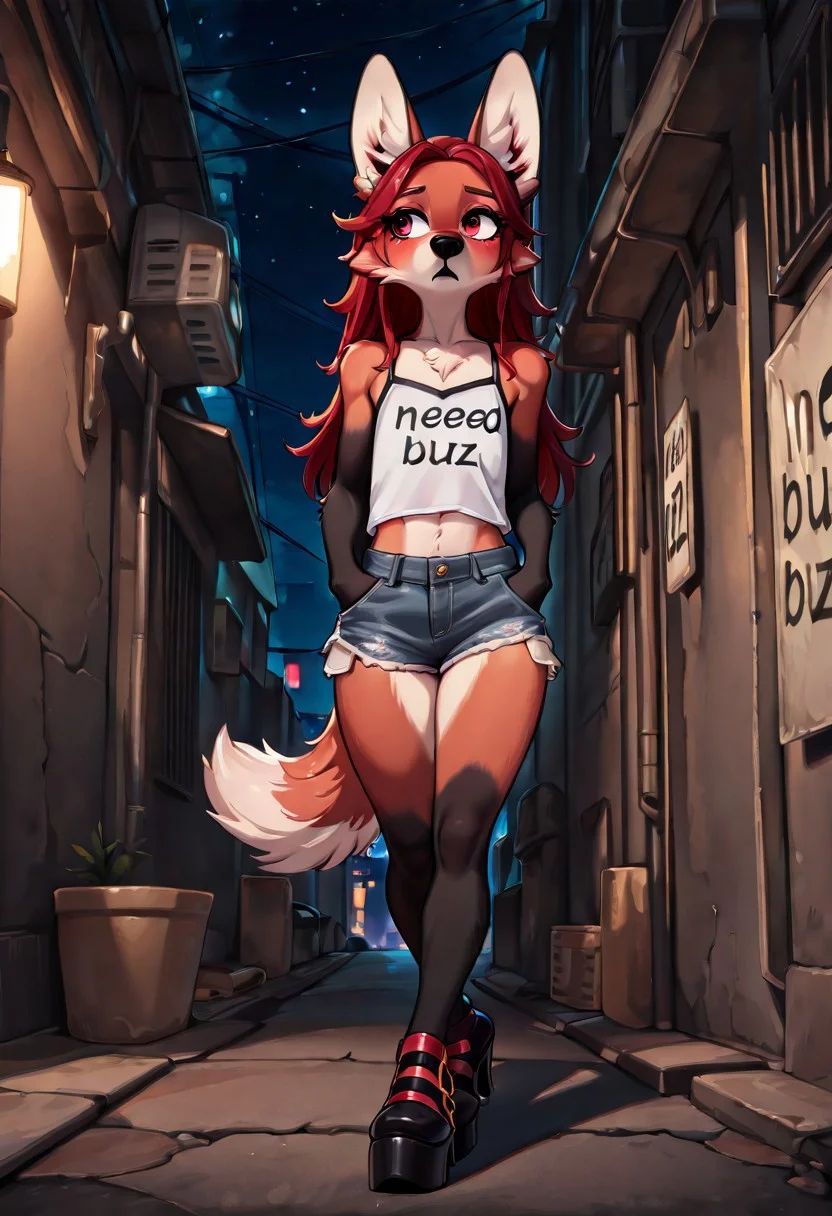 masterpiece,best quality,amazing quality,very aesthetic,high resolution,ultra-detailed,detailed background,absurdres,newest, high quality, detailed fur, 1girl, furry, anthro, maned wolf, red eyes, red fur, black arms, black legs, very tall, flat chest, skinny, long red hair, platform shoes, high heels, walking, in motion, alley, jean shorts, camisole, night, midriff, hands in pockets, mature, need_buzz, holding sign that says "Need Buzz"