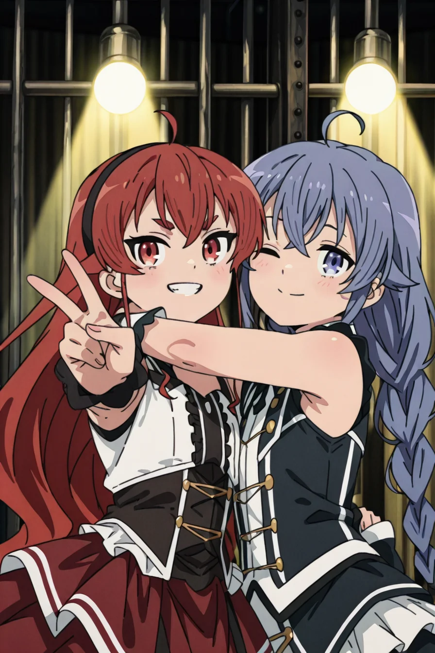 detailed background, shiny skin, posing,
<lora:mushoku.il:1>,
mushoku,
(2girls:1.5),
eris, roxy,
idol costume,
stage, stage light, glitters,
side by side, upper body, peace, one eye closed, hug, v, w,