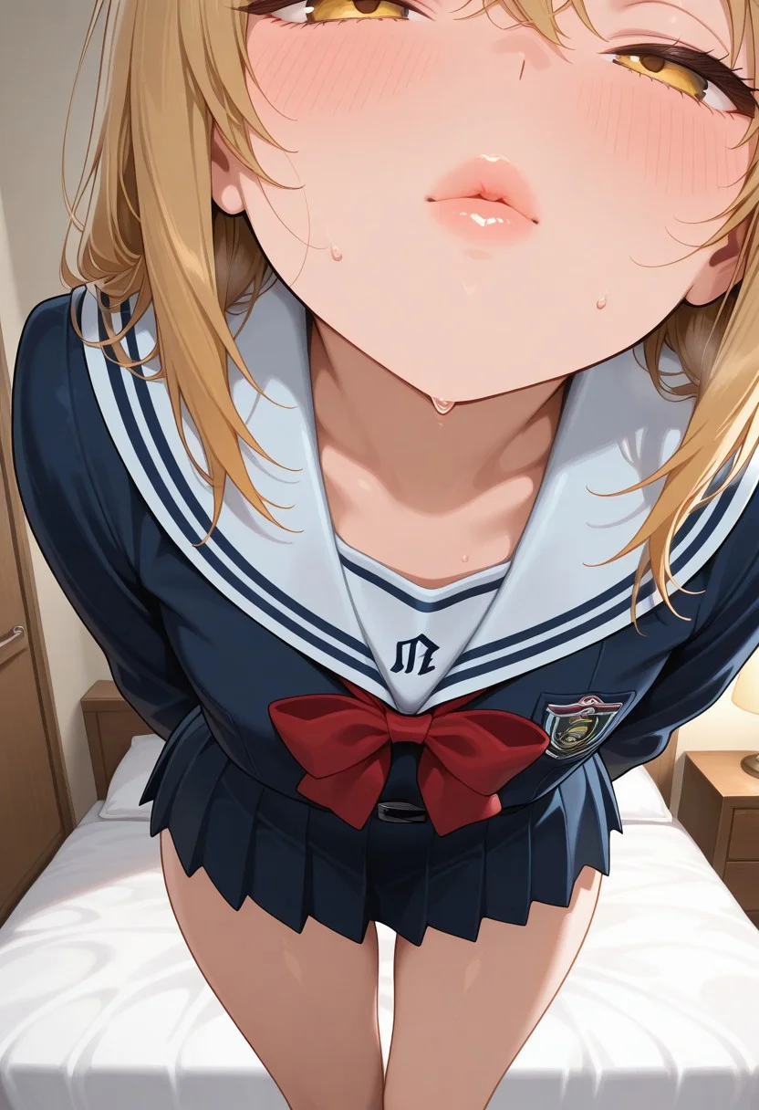 masterpiece, best quality, amazing quality, detailed, 1girl, pov, kiss, bedroom, background, cowboy shot, uniform, thin lips,