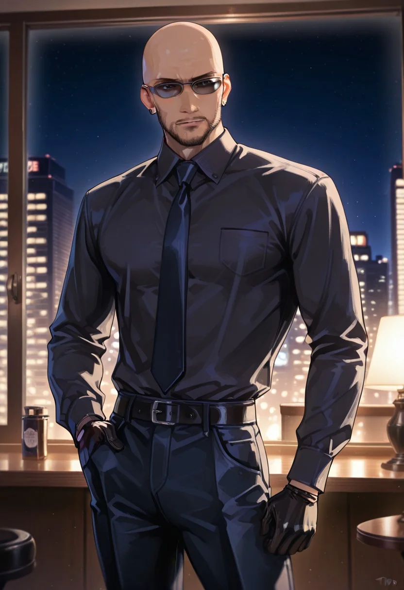 masterpiece,best quality,amazing quality,very aesthetic,absurdres,newest, detailed faces, (((typ0))), (vibrant, dynamic lighting, edge lighting), (dramatic lighting:1.5), (detailed faces:1.5), (detailed eyes:1.5), penthouse, hotel room, inside, night, at night, nighttime
BREAK
(1girl: RudeFF7, solo, sunglasses, bald, beard, necktie, black shirt, gloves, pants, shoes, dark-skinned man, earring),
BREAK
posing, standing, stoic