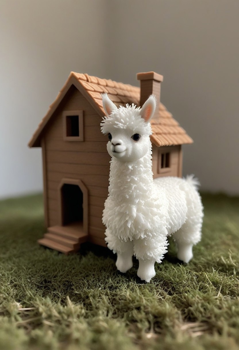 a fluffy miniature alpaca in 3d printed house