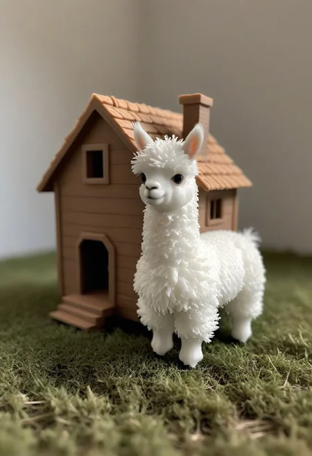 a fluffy miniature alpaca in 3d printed house