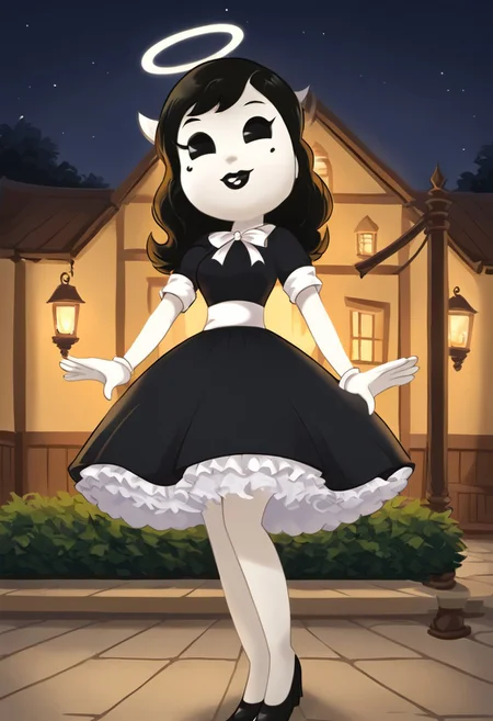 (Masterpiece, best quality:1.2), score_9, score_8_up, flat color, flat shading, soft shading, lighting, Alice Angel in a 1950's dress with a button down top, a fluffy frilly ruffled full petticoat, and high heels, dress, layered petticoat, frilly petticoat, fluffy petticoat, full petticoat, wide dress, flowing dress, solid colored skirt, short sleeves, black hair, Bendy and The Ink Machine, series accurate, cute, best high quality, high res, black lips, white colored skin, whole body shot, 1girl, solo, outside, standing straight, in a garden, cute, adorable, smile, low angle upskirt shot, cartoon, cartoon style, vector, solo, circle dress, 1950s, alice angel