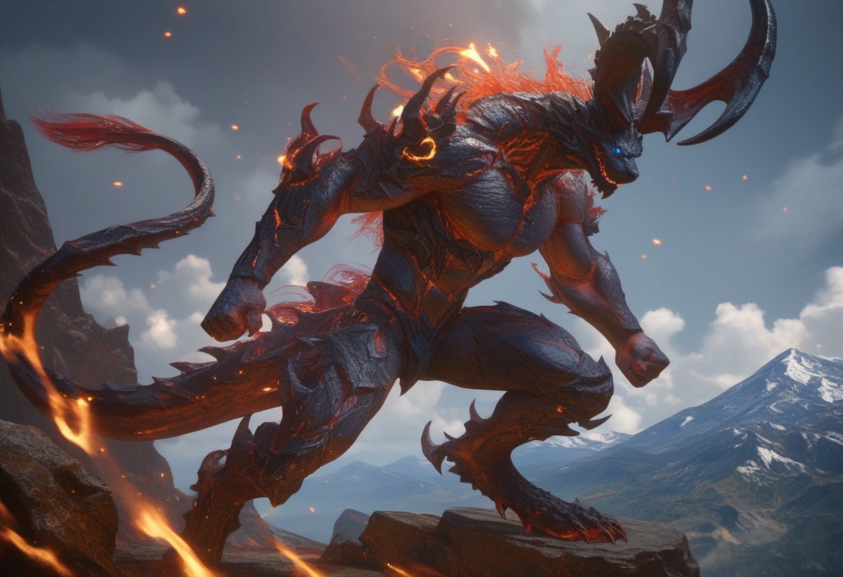 score_9, score_8_up, score_7_up, 1boy, solo, Expressiveh, (IfritFF16, anthro, Fire Elemental, Tail, Demon, Blue Eyes, Black Body, Horns), looking at viewer, smile, clenched fist, standing, mountaintop, gravel, rocks, claws, toe claws, detailed background, 4k, masterpiece, best quality, highly detailed, realistic