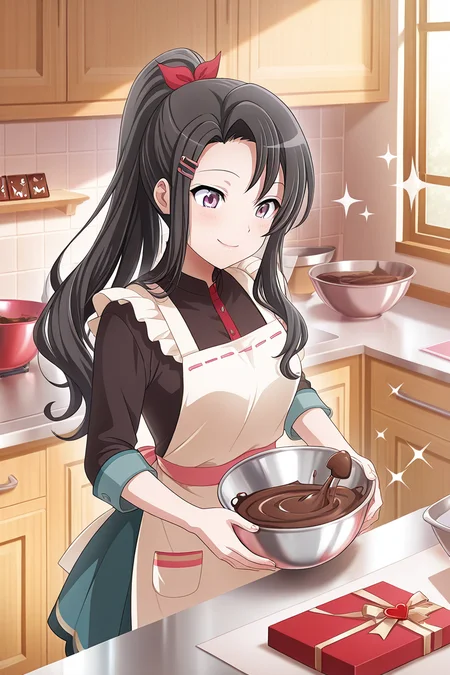 masterpiece, best quality, amazing quality,
<lora:Rui_IL:1> rui, 1girl, apron, solo, hair ornament, black hair, long hair, ponytail, smile, kitchen, hairclip, chocolate, valentine, mixing bowl, skirt, bowl, indoors, sparkle, cooking, box