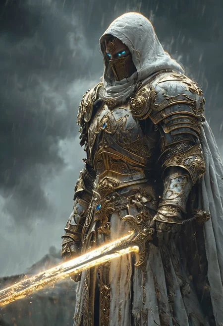 A stunning, highly detailed dark fantasy full body illustration of a proud angelical warrior wearing intricate medieval white HKStyle armor and a grim warrior face, holding a great golden glowing sword, golden and blue glooming eyes, very wide shoulders, wearing big gauntlets, epic composition. The warrior stands heroic with a flowing cloak and white hood during a storm with foggy gloom, thunderclouds in the background. The scene depicts him with brooding emotional agony. style by Greg Rutkowski, by Milo Manara and Russ Mills, with insanely intricate details and textures, gloomy dramatic lighting, 8K resolution