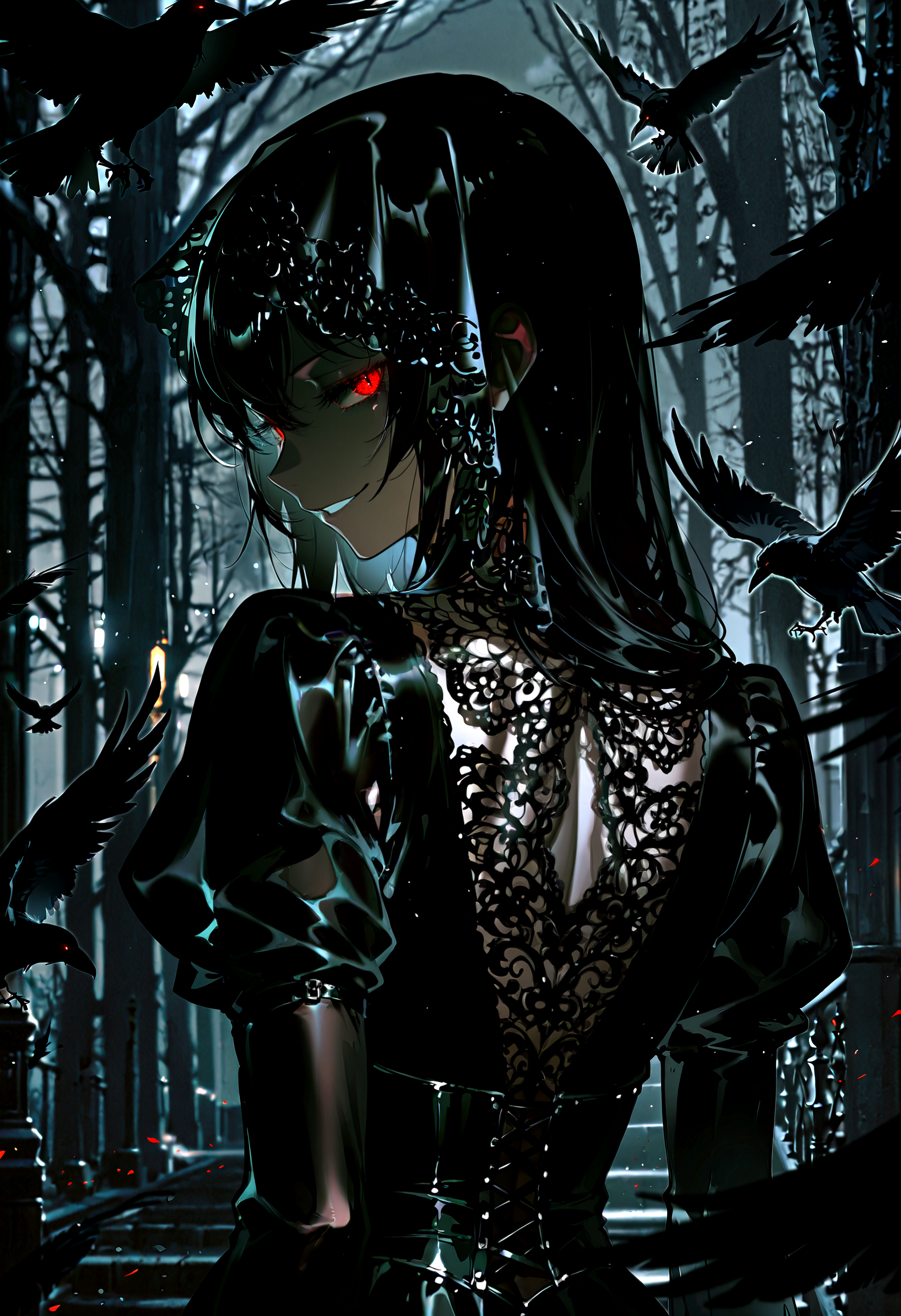 masterpiece, best quality, detailed skin, photo background, (black outline, thick outlines, thick outline, outline,:1.3) 1girl, upper body, dark theme , dark dress, silhouette , lace, veil, evil smile, seductive smile, crow, black feathers, cinematic lighting, looking back, caucasian, shiny outline, depth of field, blurry, backlighting, partially illuminated, Intricately designed, Mysterious Shadows, beautiful detailed eyes, detailed hair, volumetric lighting, dappled light, light particles, dramatic shadows, cinematic lighting, depth of field,