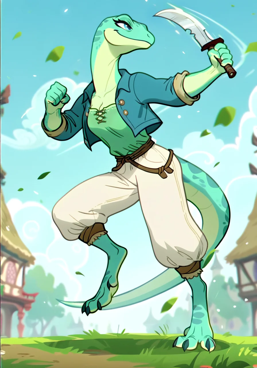 source_cartoon, screencap, score_9, score_8_up, score_7_up, score_6_up, score_5_up, score_4_up, rating_safe,furry, cute lizard girl, blue eyes, (big half closed eyes),fight stance, battle, holding knife, ,wide pants,, wearing medieval thief clothes, strong, long limbs, caribbean village background, (detailed background)+,skinny, slim butt, full body, smirking, solo, extremly detailed, blue sky,
LoRA:
cutesexyrobutts_style_xl_goofy - 0.9
ToraFurry_XL_PonyV6_p1-t1 - 0.75
extremely_detailed - 0.75
