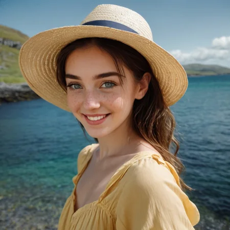 1girl, (small, petite, cute and beautiful Irish girl), dressed in a skimpy summer short yellow dress with thin straps that slip from shoulders, off-shoulders, deep and low cleavage, bare shoulders and back, black long hair wild and wavy under an oversized straw hat with a large blue ribbon, vivid light grey eyes with long eyelashes, big smile, freckles, perfect hand and fingers, walking on the shore in County Mayo, an incredible blue sea background