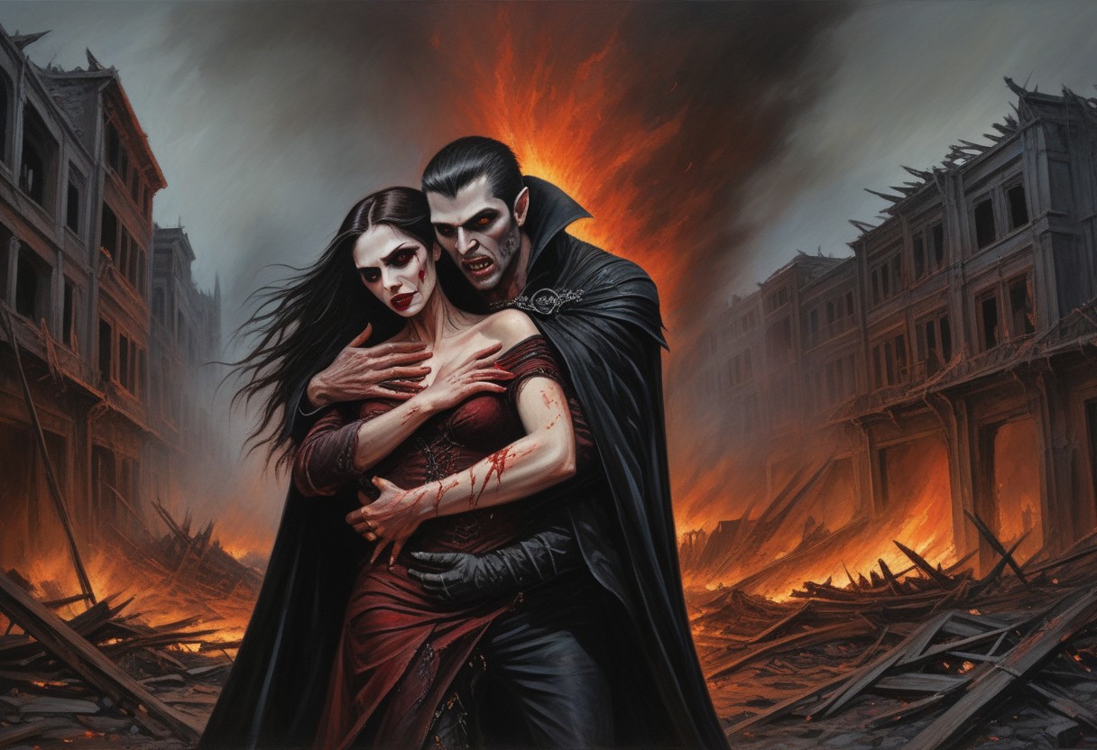 masterpiece,oil painting,fantasy art,dark fantasy, a vampire carrying a woman in his arms he is coming out of a war zone, there's fire and destruction all over the place, highly detailed,best quality,