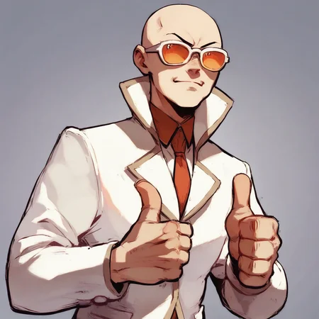 Score_7_up, score_8_up, score_9, upper body, tfadmin, bald, white suit, sunglasses, (thumbs up), simple background,