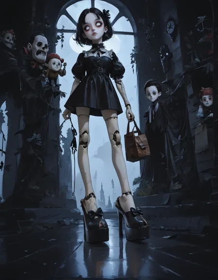 score_9, score_8_up, score_7_up, score_6_up, score_5_up, score_4_up,
1girl, goth, black dress, black hair, 
doll, ball joints, long legs, expressionless, empty eyes, white eyes,
dangling arms, dangling legs, hanging from waist,
indoors, school, 
(from below), (from side:1.25), foot focus,
(wide angle:1.2), (fisheye lens:1.5), (foreshortening:1.3),
night, dark, dark background, Low-key lighting,
light particles,
(r3w1nd heels:1.2), (platform footwear:1.2),
dontstarvestyle, blank eyes,
embedding:zPDXL2 ,