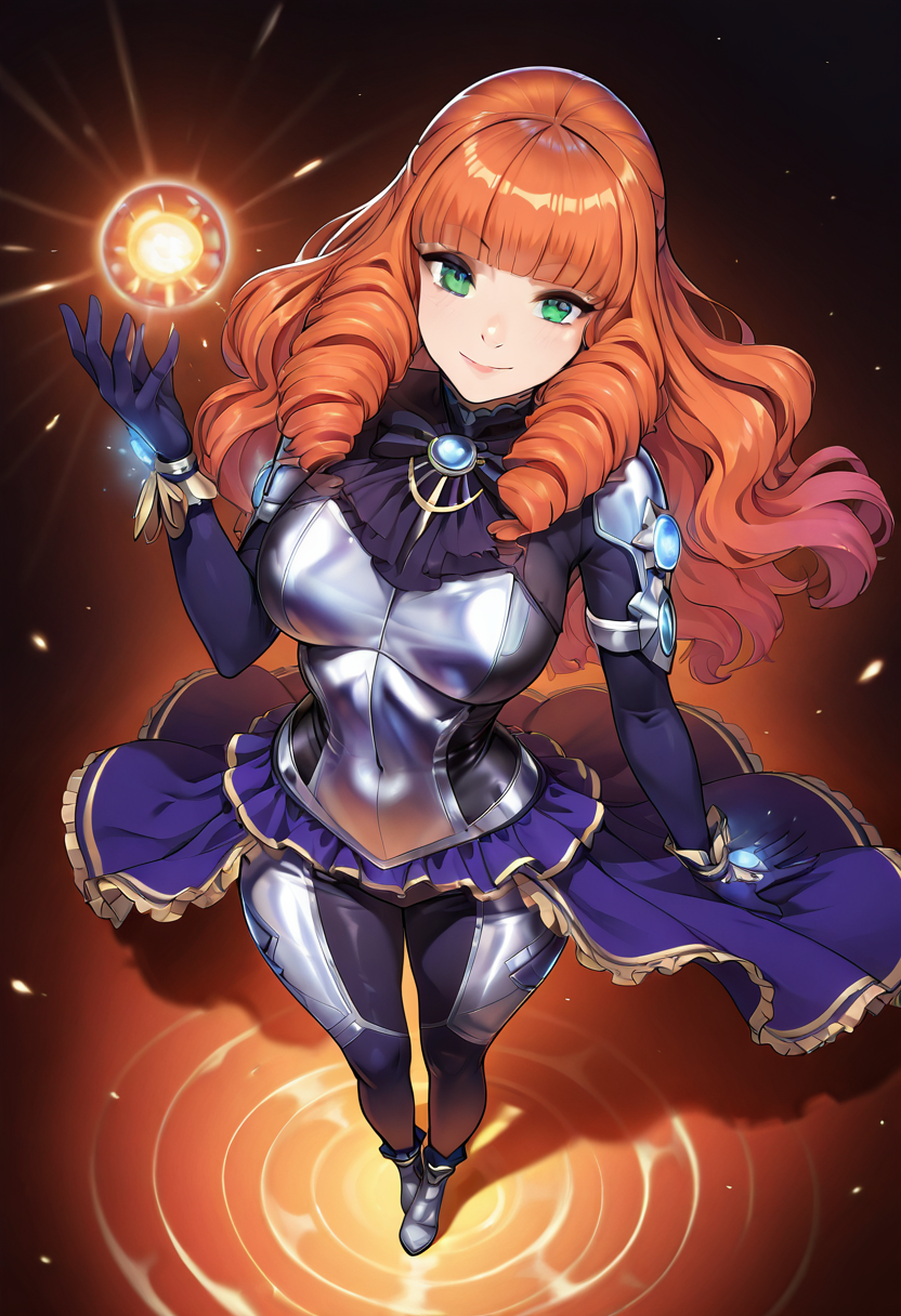 masterpiece, best quality, solo, curvy, beautiful eyes, narrow waist, wide hips, 1girl, solo, smile, looking at viewer, dynamic angle, foreshortening, close up,    zzGuinevere, green eyes, orange hair, blunt bangs, long hair, drill hair,   ,       <lora:GuinevereMLIXL:1.0>, [Mercury Radiant Sentinel], silver reflective spacesuit with solar-powered chestplate, sleek and tight-fitting with glowing solar energy panels, heat-resistant gloves and boots, thin visor with a golden reflection, standing at the edge of Mercury's scorching surface, sun blazing overhead, casting long shadows and intense heat waves,