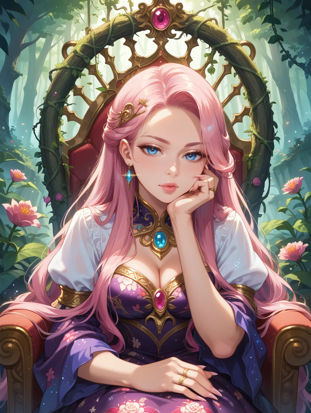 score_9, score_8_up, score_7_up,source_anime,
extreme ornate clothes, close-up, head rest, glittering dress, glittering lips, glossy lips, long fingernails, narrowed eyes, multiple rings,
ethereal female warrior with flowing pink hair, seated on a throne made of vines and flowers, intricate floral patterns on her gown, glowing magical orbs, enchanted forest, highly detailed background, soft lighting, photorealistic