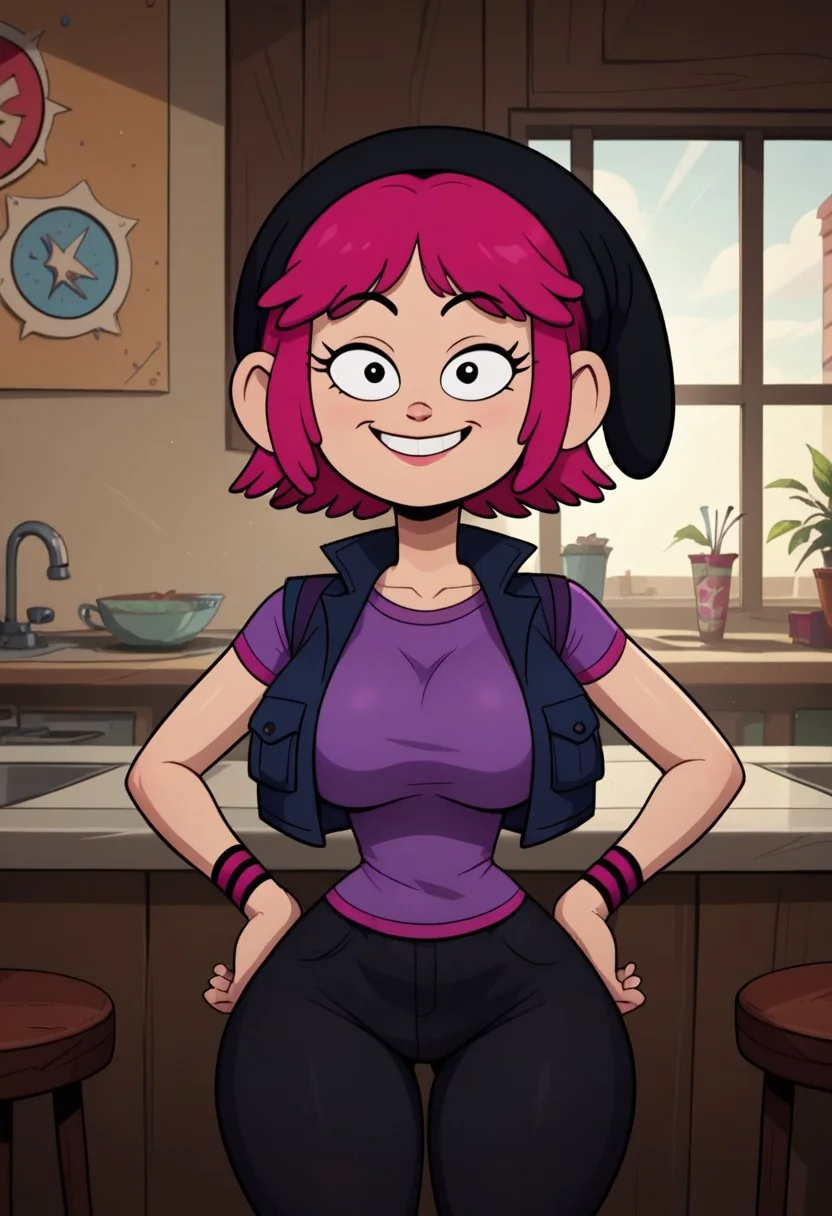 ((bedroom background)),score_9, score_8_up, score_7_up,score_6_up,
1girl, Solo, Pauline_AP, light skin, black eyes, bright pink hair, short hair, black beanie hat, purple t-shirt, pink-black wristbands, sleeveless dark blue vest, tight black pants, black boots, big eyes, huge breasts, smile, narrow waist, huge hips,huge thighs, huge ass, big eyes, perfect lips, open eyes, perfect smile, cowboyshot, perfect eyes, perfect face, hands on hips, medium stature, looking at viewer, perfect teeths