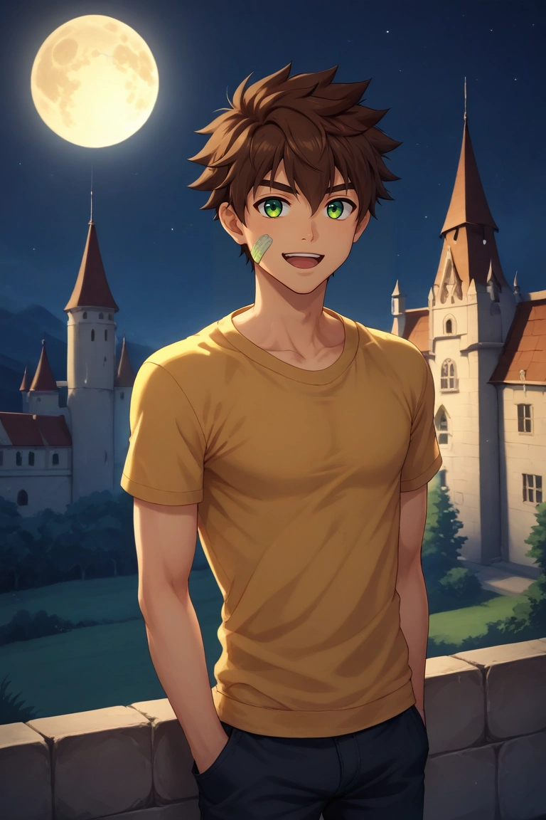 score_9, score_8_up, score_7_up, , rating_safe, , , looking at viewer, depth of field, 1boy, solo, male focus, <lora:keitaro_nagame_pony:0.9>, keitaro_nagame, brown hair, green eyes, short hair, bandaid on face, , cowboy shot, castle, night, full moon, knees up, laughing, , <lora:sdxl_lightning_8step_lora:1>
